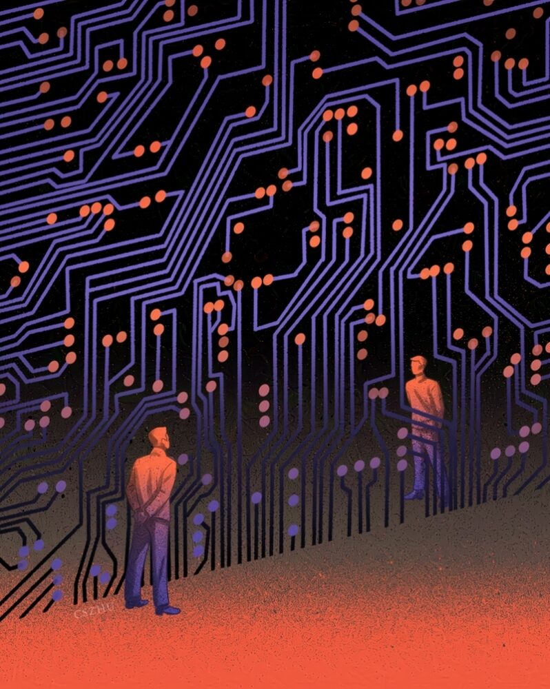 Illustration for Noema Magazine's 'The Bumpy Road Towards Global AI Governance,' depicting US and China facing through seethrough circuit lines, highlighting AI regulation dynamics