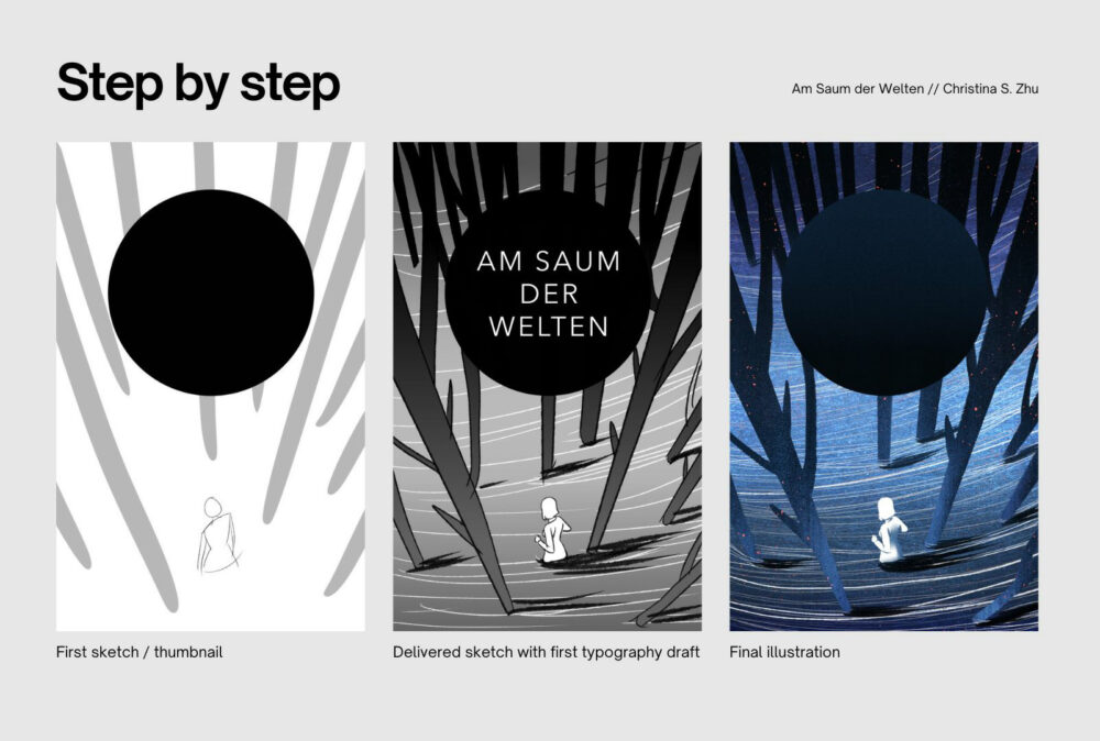 Step by step: Creating the cover illustration for 'Am Saum der Welten,' from initial sketch to finished artwork, showcasing a dark, mysterious forest.