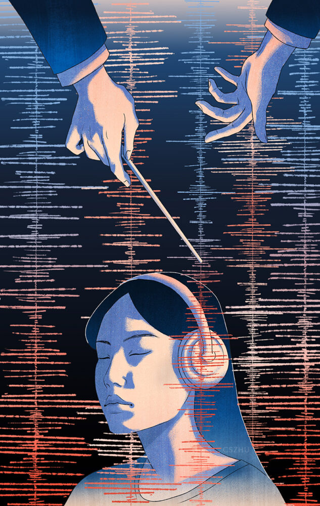 Illustration by illustrator Christina S. Zhu for The Globe and Mail: Toronto Symphony Orchestra's 'Turangalila' live recording, capturing its massive sound in a digital format.