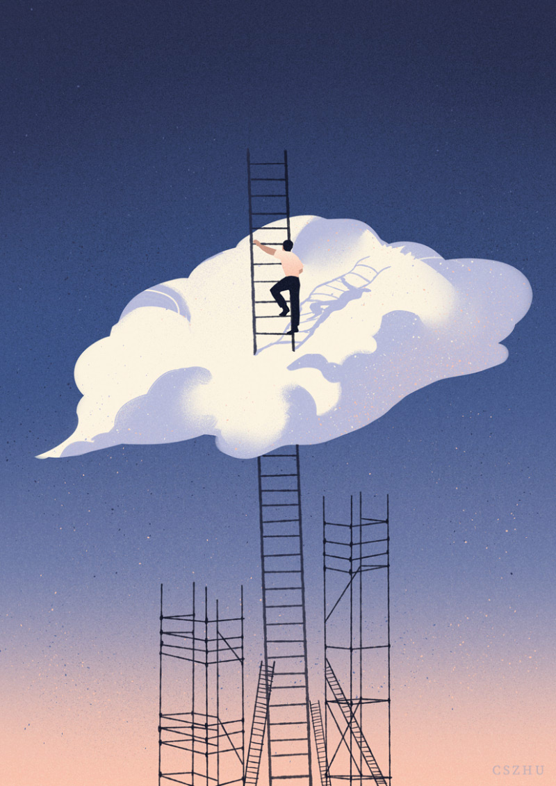 A man climbs up a long ladder to the sky.