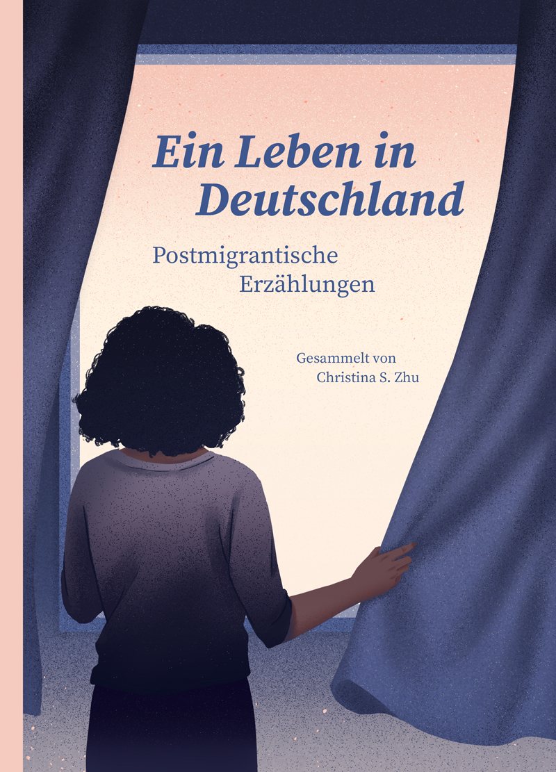 A book cover on postmigrant stories: A woman stands by a window and holds the curtains.